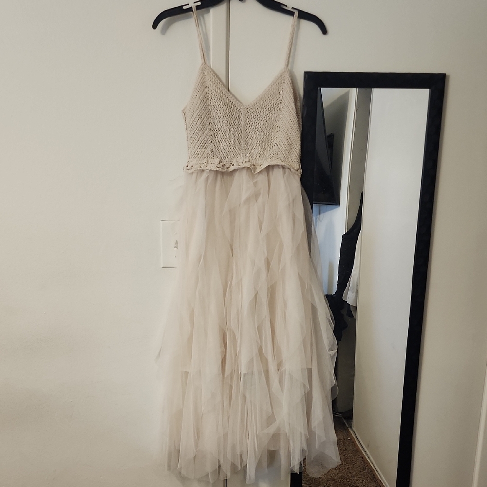 Lollita Cream Tulle Maxi Dress Crochet Bodice Boho Cottagecore Bridal Ethereal - Picture 9 of 15